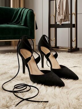 Le Chateau Black Suede Pointed-Toe Lace-Up Stiletto Heels